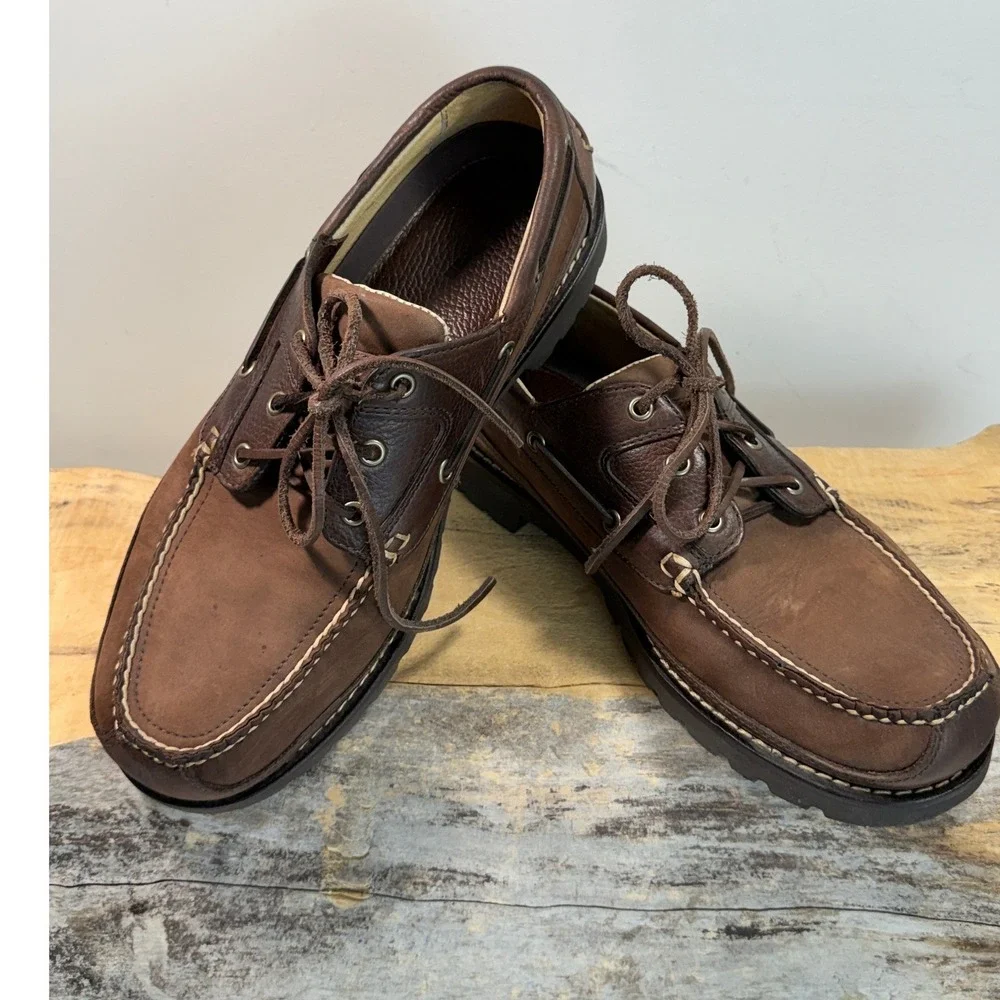 LL Bean Mens 11.5 D Casco Bay Leather Lug Boat Shoes Brown 301172
